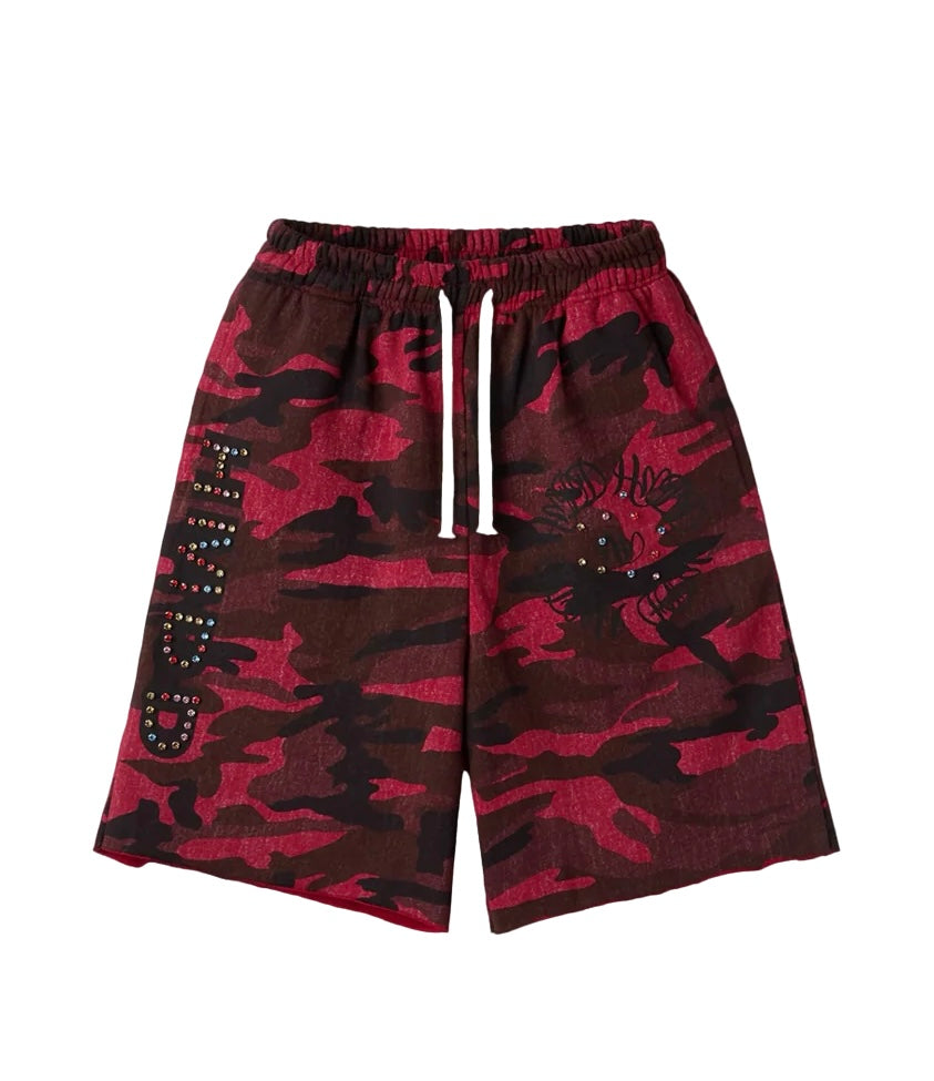HMDD HAPPY MEMORIES DON’T DIE RED CAMO RHINESTONE SHORTS
