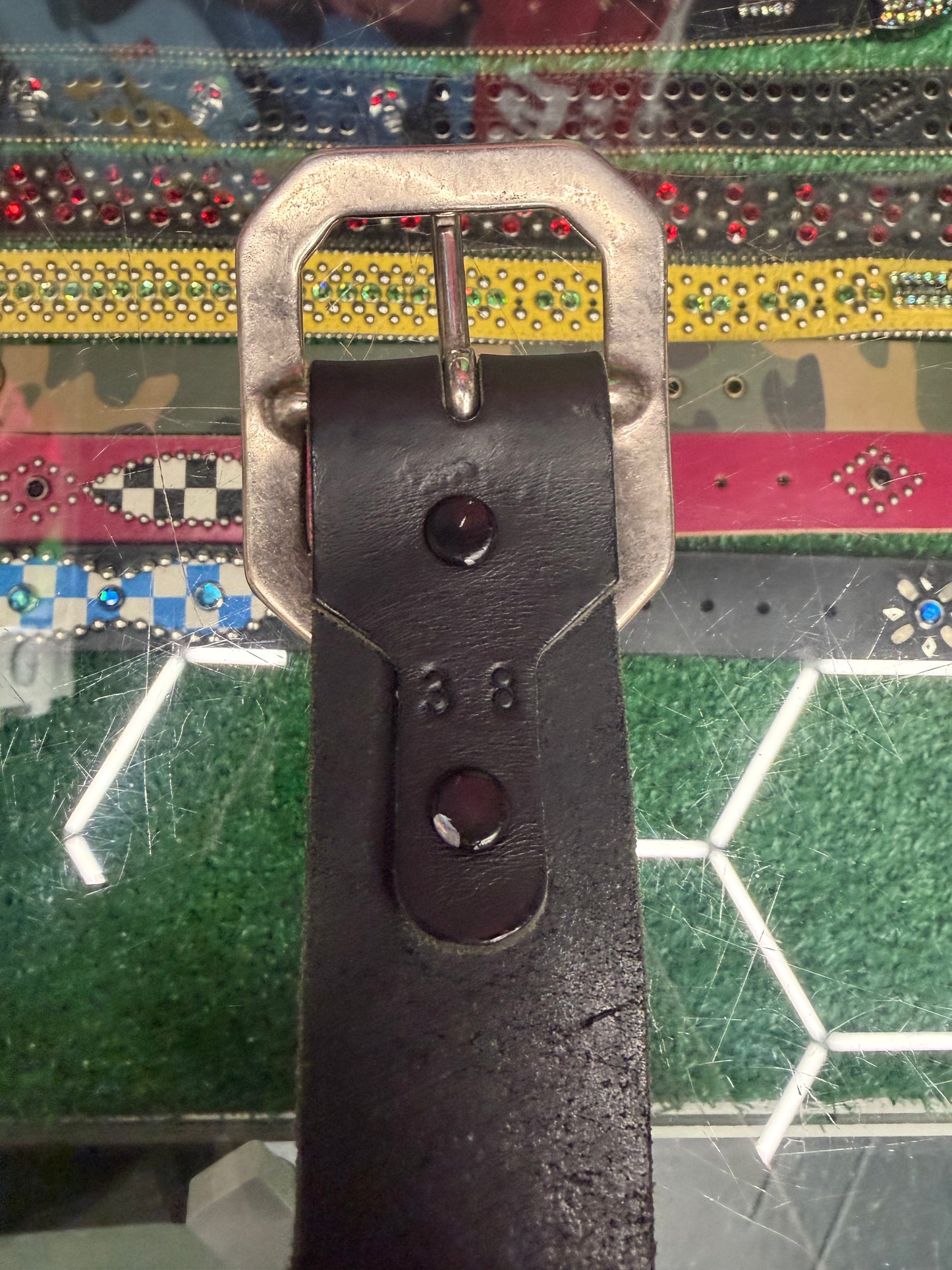 VINTAGE BLACK STUDDED P*RN STAR LEATHER BELT(PRE-OWNED) (SIZE 38)