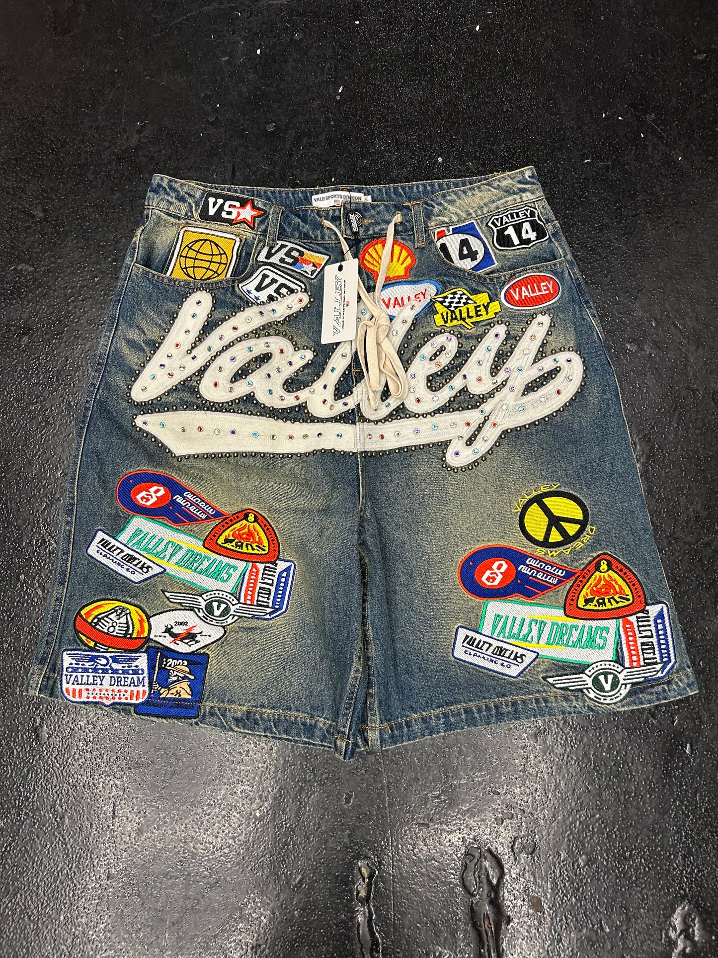 VALE BLUE BEDAZZLED PATCHES JORTS (BRAND NEW)