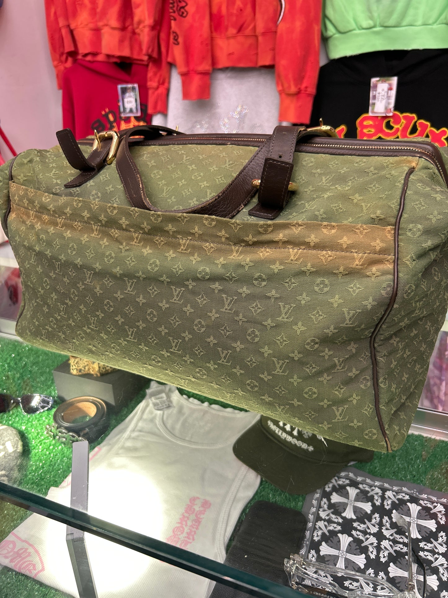 LOUIS VUITTON MINI LIN MONOGRAM DUFFLE BAG GREEN CANVAS / BROWN LEATHER TRIM (PRE-OWNED)