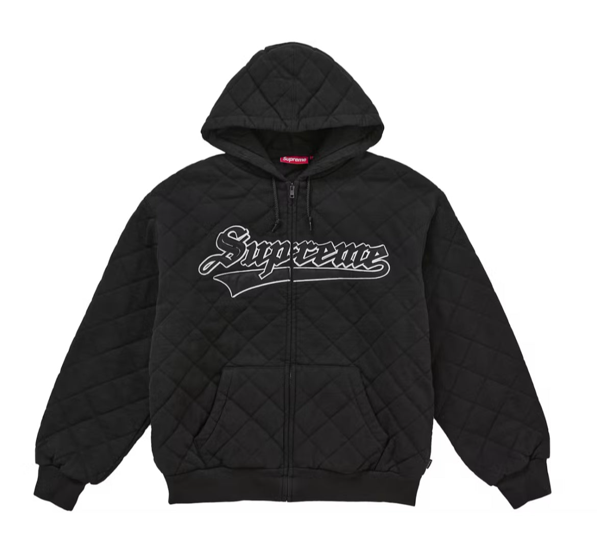 SUPREME BLACK QUILTED ZIP UP HOODED SWEATSHIRT  (PRE-OWNED)