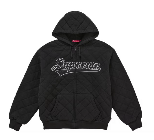 SUPREME BLACK QUILTED ZIP UP HOODED SWEATSHIRT  (PRE-OWNED)