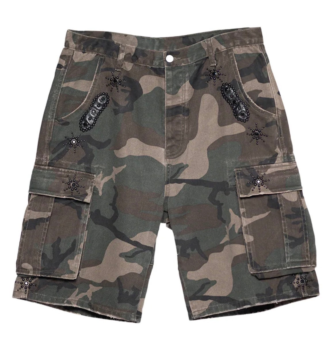 JAPANESE SORROWS CAMO EMBELLISHED CARGO SHORTS