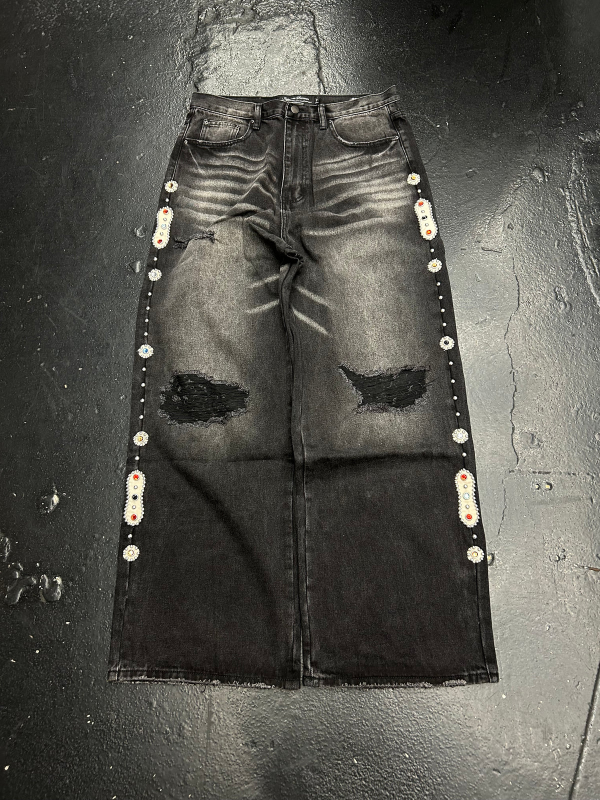 JAPANESE SORROWS 15 O.Z. BAGGY EMBELLISHED JEANS “BLACK” (BRAND NEW) (SIZE 34)