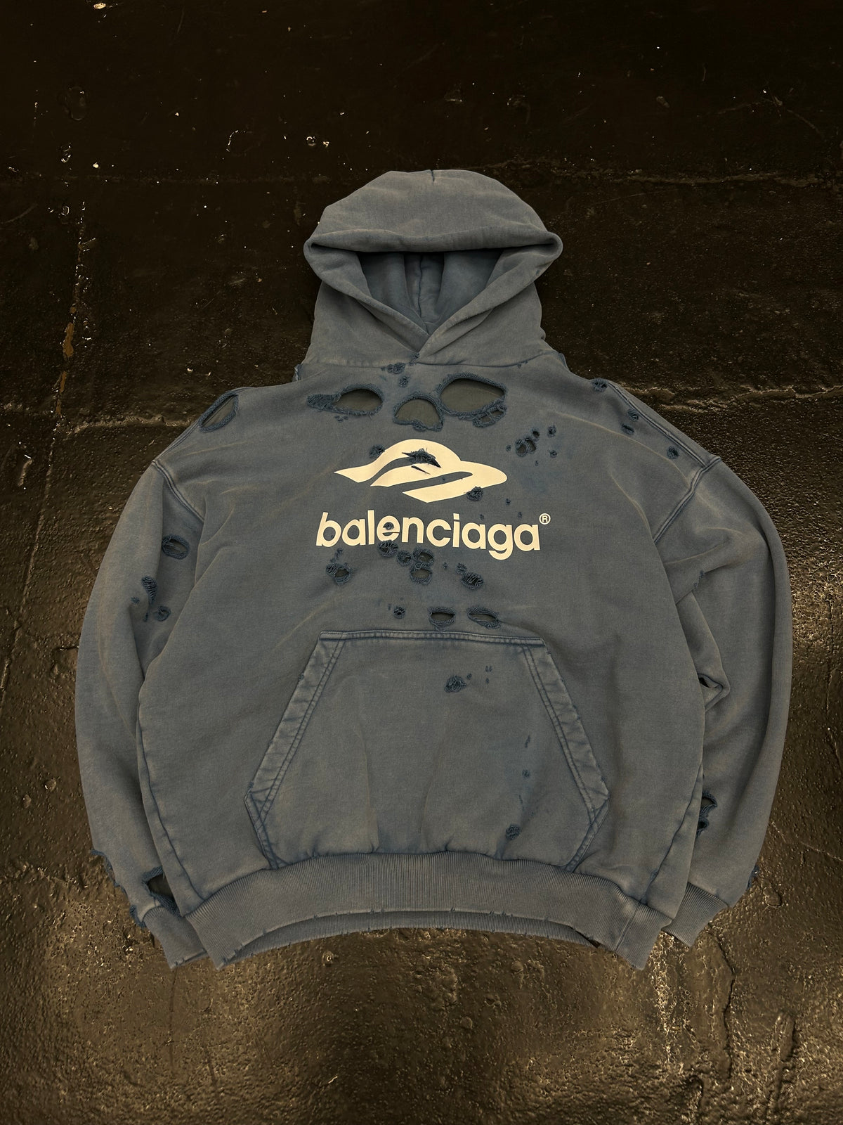 BALENCIAGA WASHED DESTRUCTION HOODIE BLUE (PRE-OWNED)