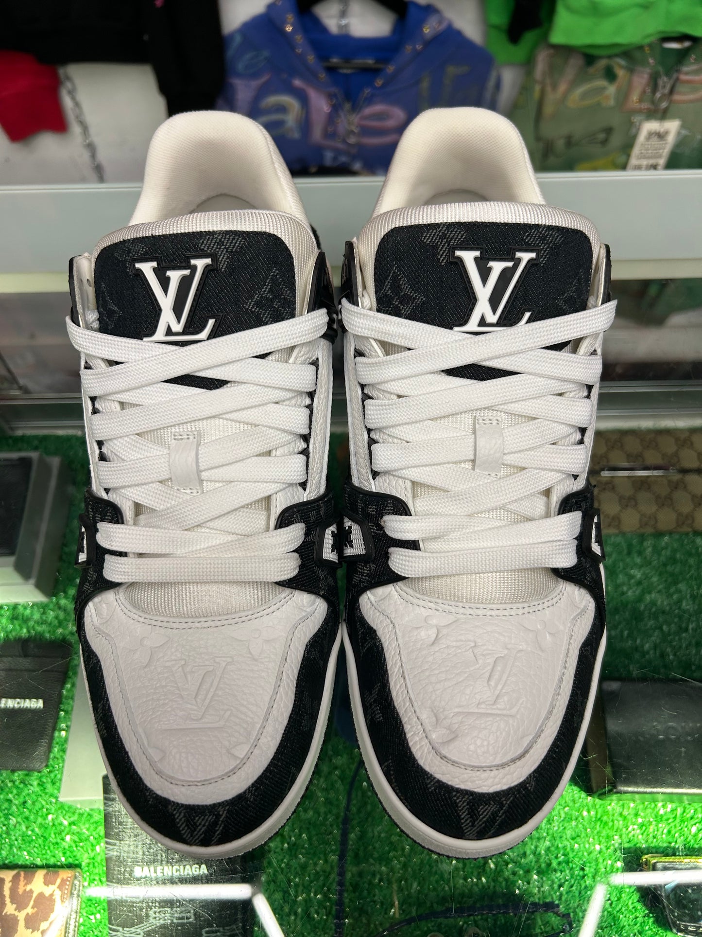 LOUIS VUITTON TRAINER EMBOSSED MONOGRAM WHITE BLACK DENIM (PRE-OWNED NO BOX) (LV 9.5)