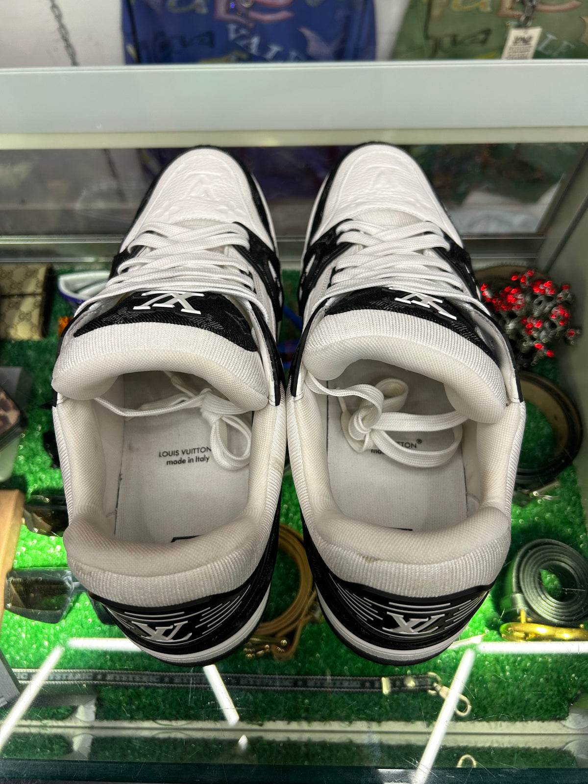 LOUIS VUITTON LV TRAINER WHITE BLACK (PRE-OWNED W/ BOX) (LV 12 FITS LIKE A 13-14)
