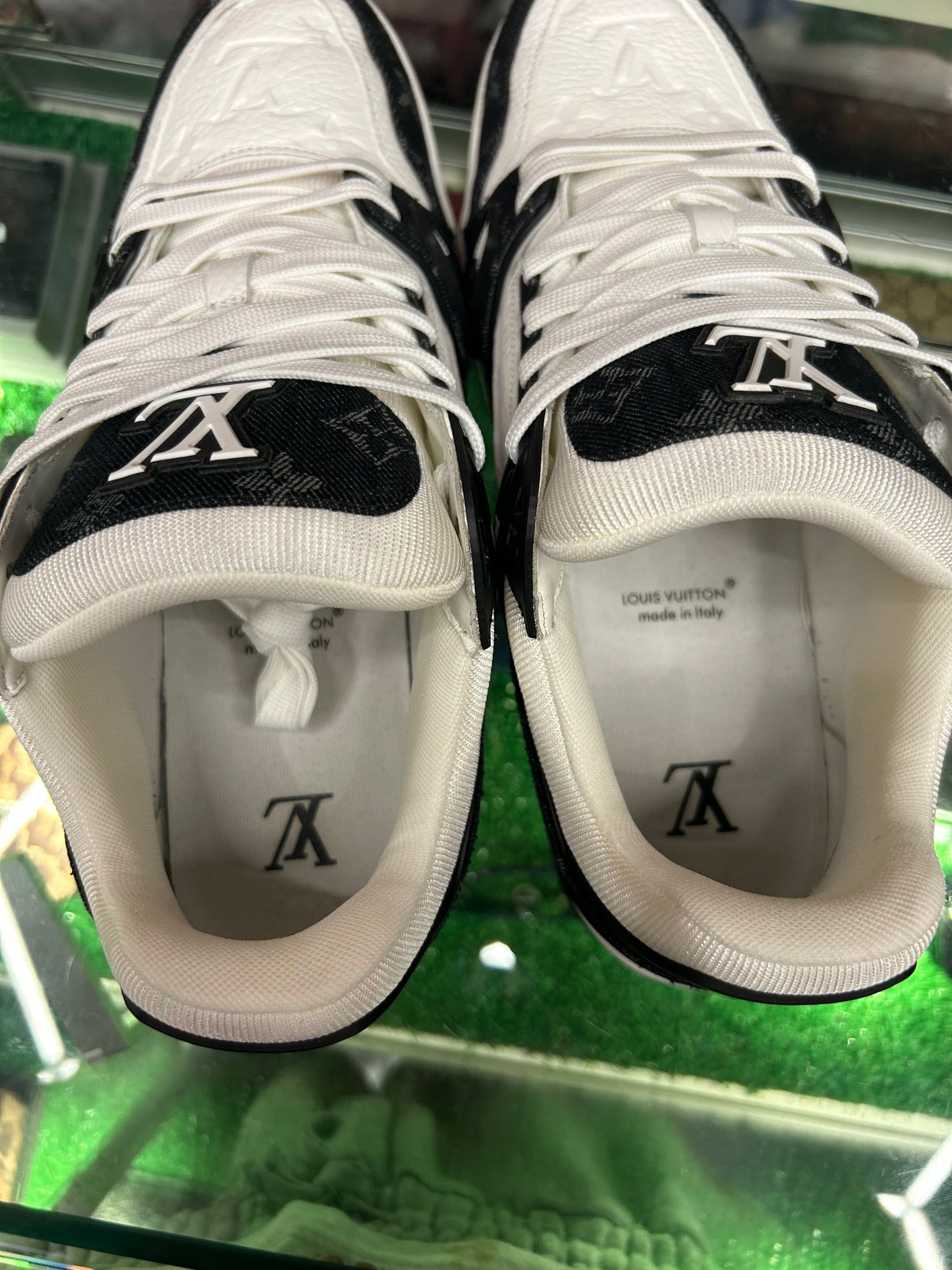 LOUIS VUITTON TRAINER EMBOSSED MONOGRAM WHITE BLACK DENIM (PRE-OWNED NO BOX) (LV 9.5)