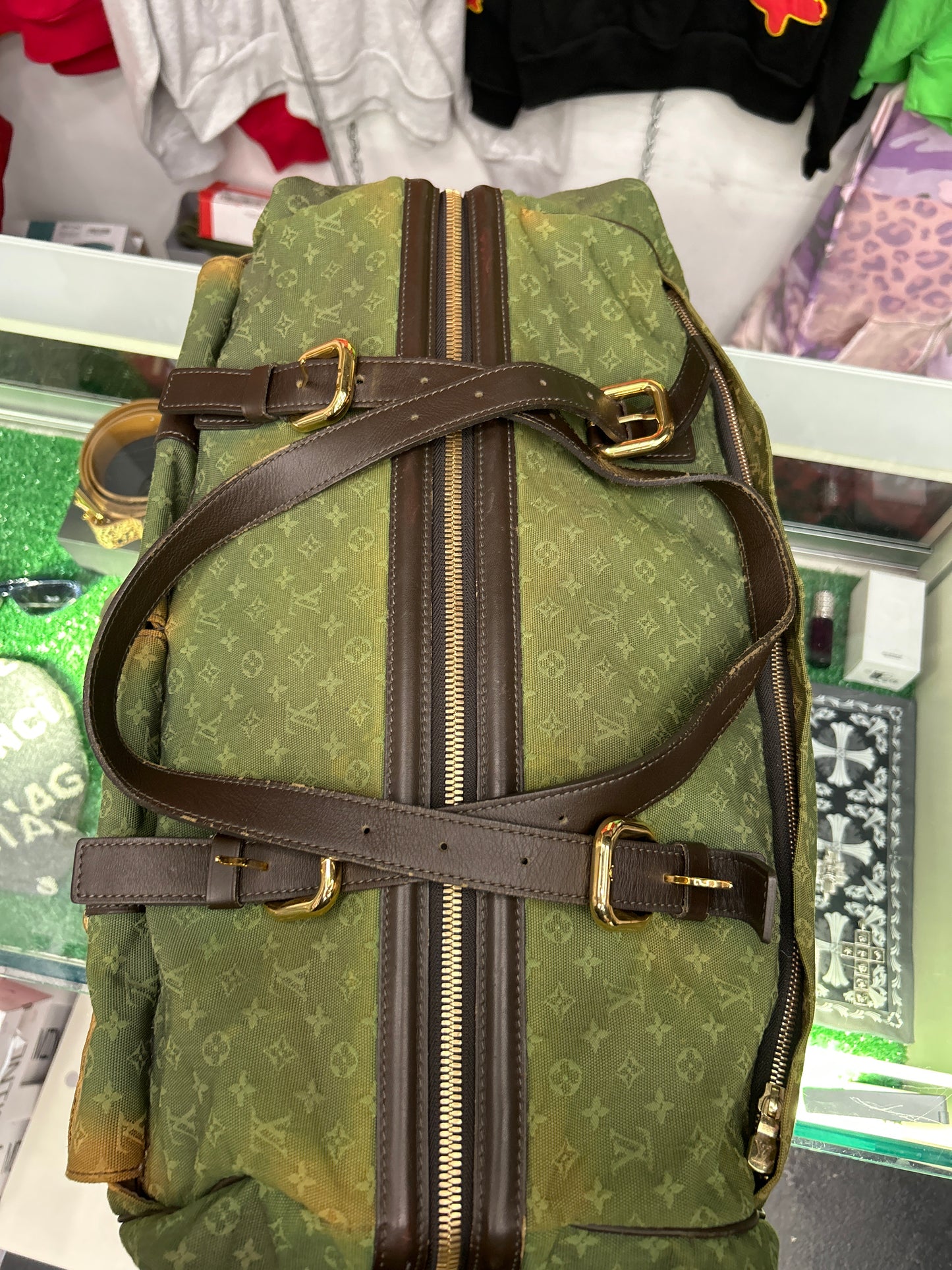 LOUIS VUITTON MINI LIN MONOGRAM DUFFLE BAG GREEN CANVAS / BROWN LEATHER TRIM (PRE-OWNED)