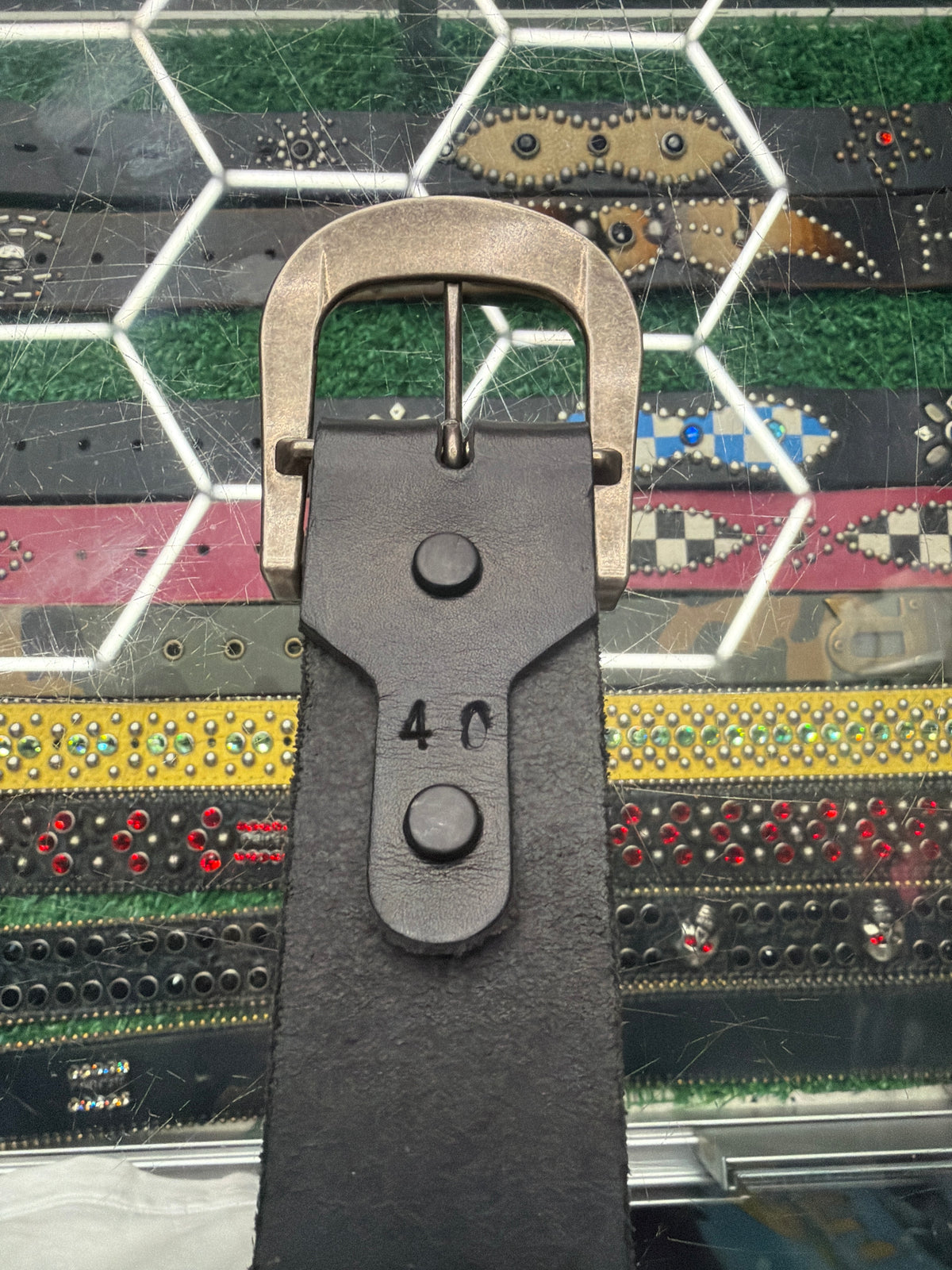 VINTAGE BLACK STUDDED F**K OFF LEATHER BELT (PRE-OWNED) (SIZE 40)