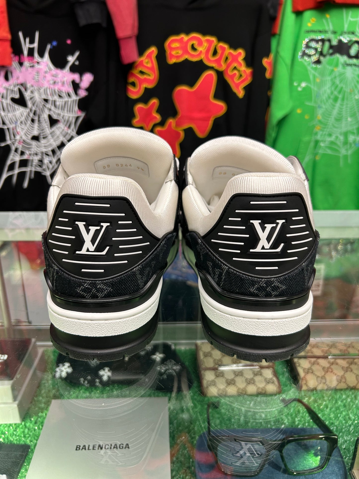 LOUIS VUITTON TRAINER EMBOSSED MONOGRAM WHITE BLACK DENIM (PRE-OWNED NO BOX) (LV 9.5)