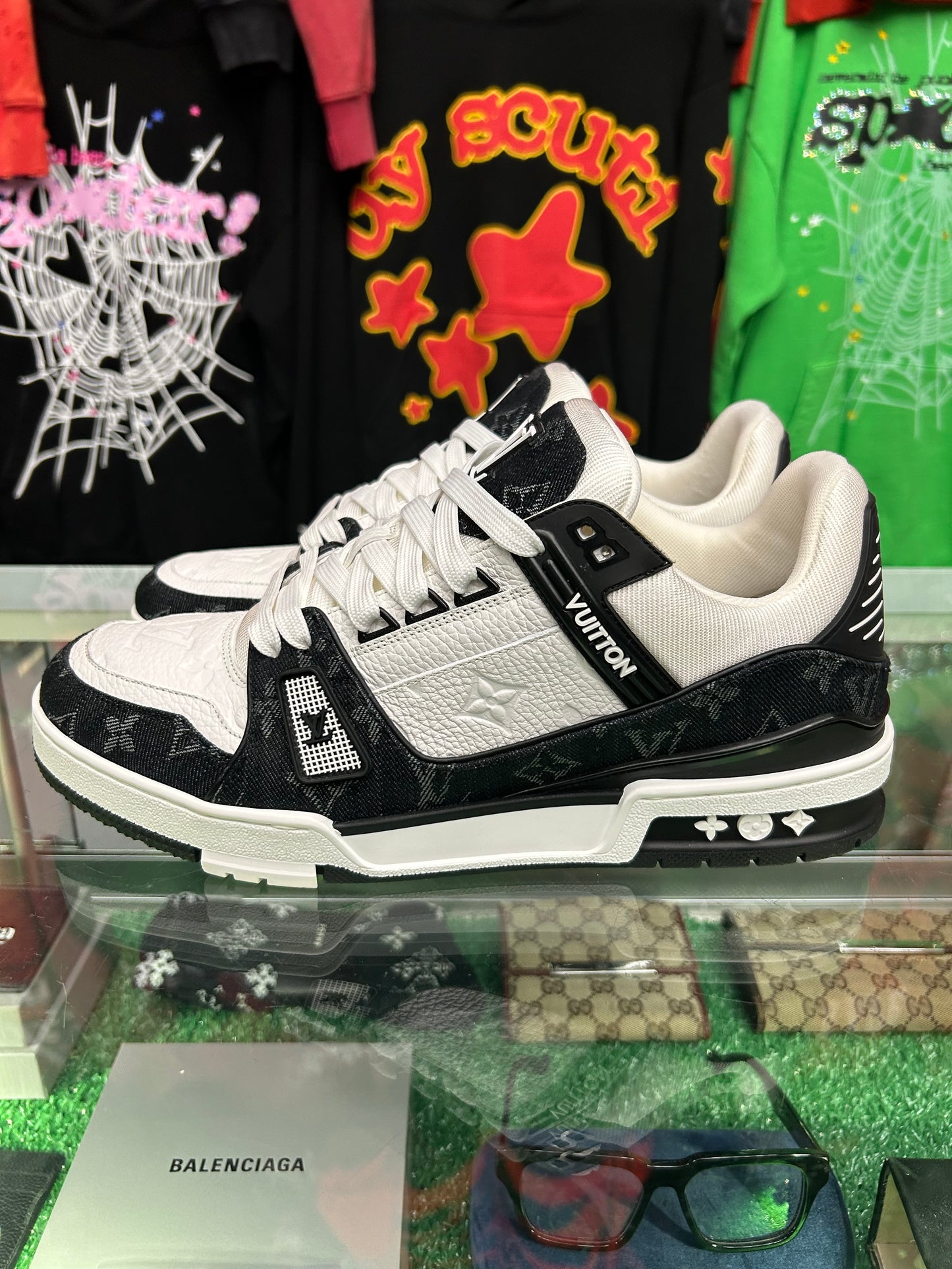 LOUIS VUITTON TRAINER EMBOSSED MONOGRAM WHITE BLACK DENIM (PRE-OWNED NO BOX) (LV 9.5)