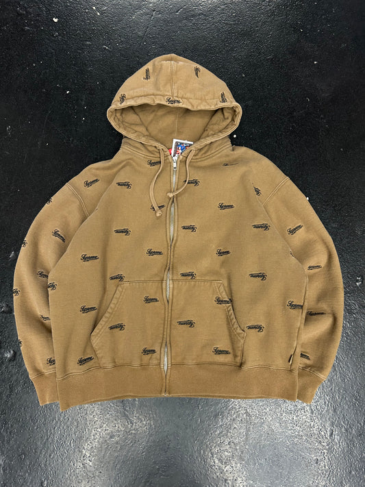 SUPREME REPEAT SCRIPT ZIP UP HOODIE “DARK KHAKI” (PRE-OWNED) (TAGGED M FITS S)