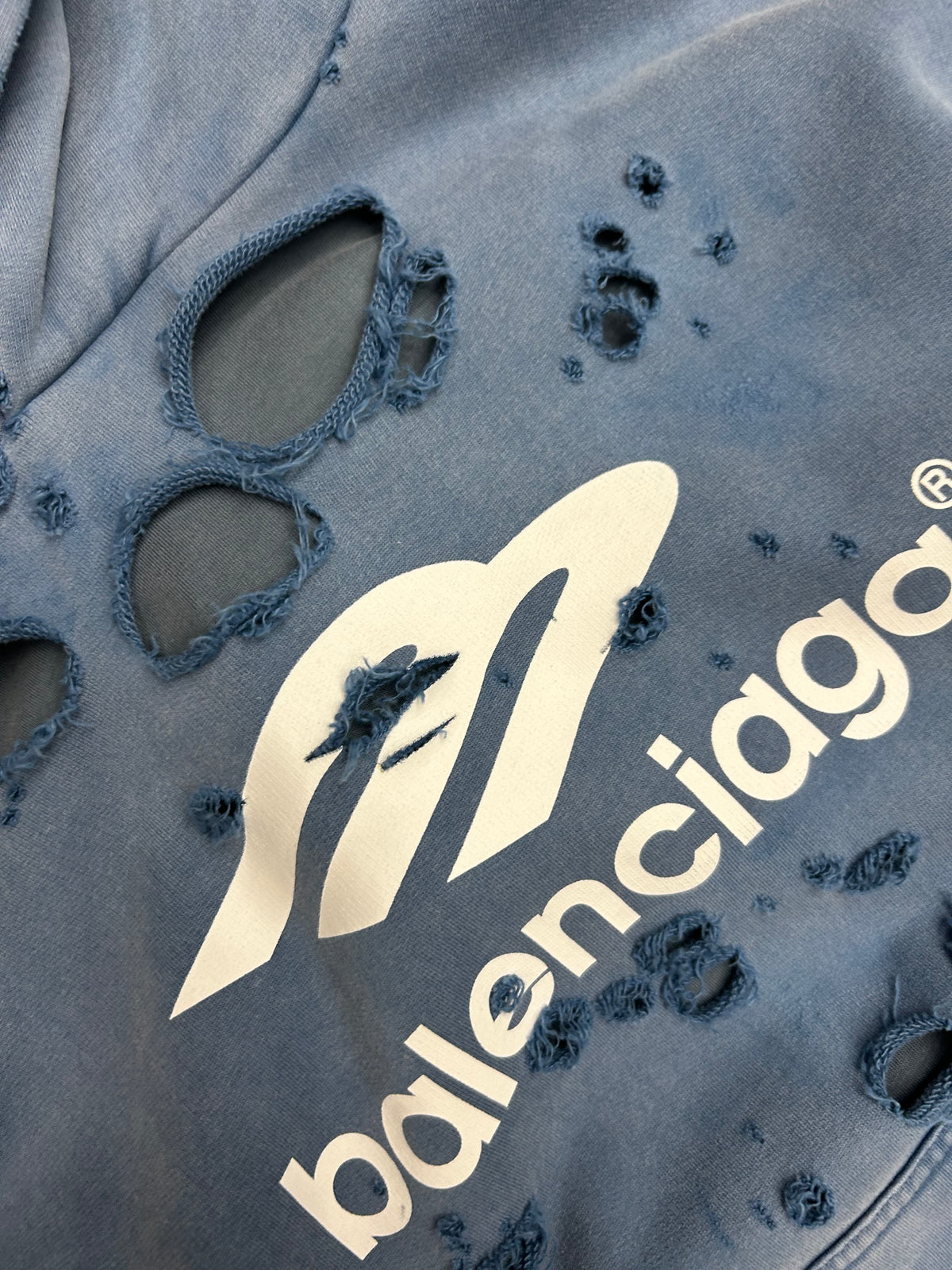 BALENCIAGA WASHED DESTRUCTION HOODIE BLUE (PRE-OWNED)