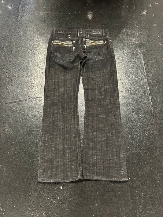 ROBIN BLACK STUDDED FLARE JEANS (PRE OWNED) (SIZE 33)