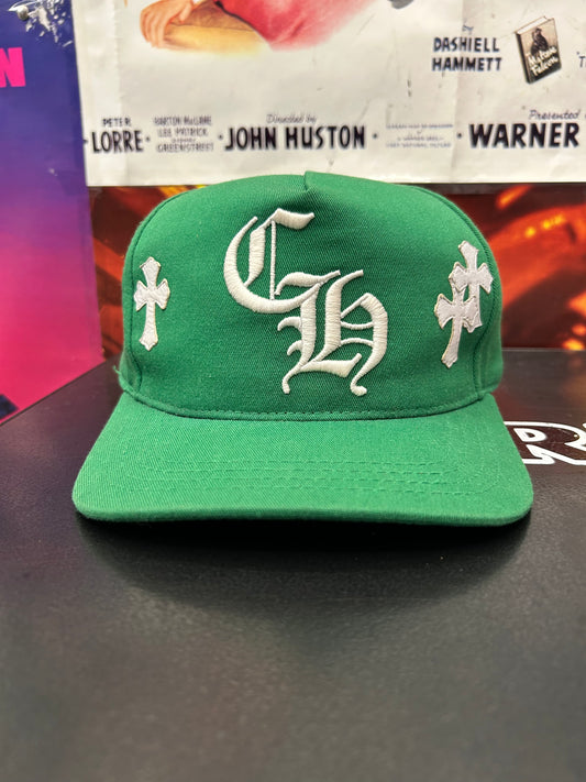 CHROME HEARTS GREEN MONOGRAM HAT WHITE LEATHER CROSSES (PRE OWNED)