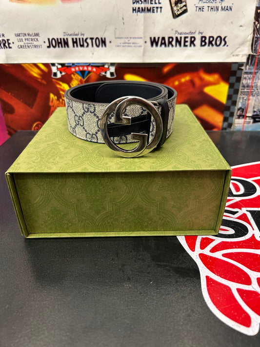 GUCCI MONOGRAM MENS BELT WITH BOX (PRE OWNED)