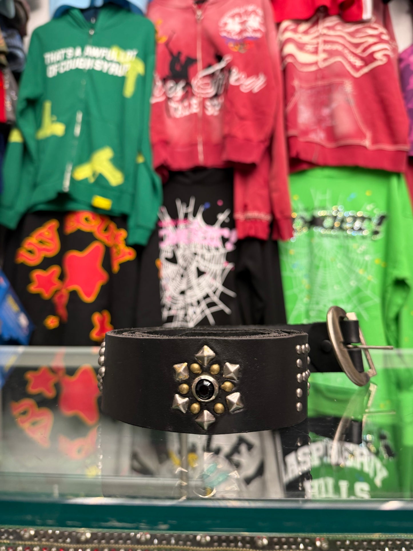 VINTAGE BLACK STUDDED F**K OFF LEATHER BELT (PRE-OWNED) (SIZE 40)