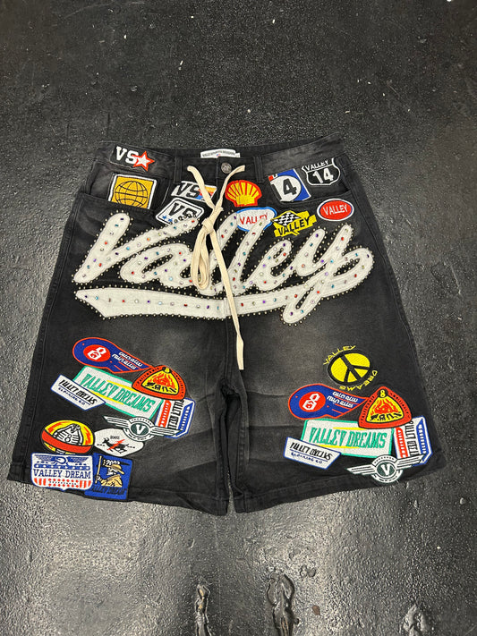 VALE BLACK BEDAZZLED PATCHES JORTS (BRAND NEW)