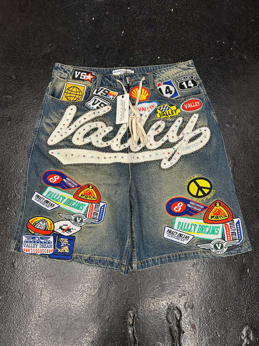 VALE BLUE BEDAZZLED PATCHES JORTS (BRAND NEW)