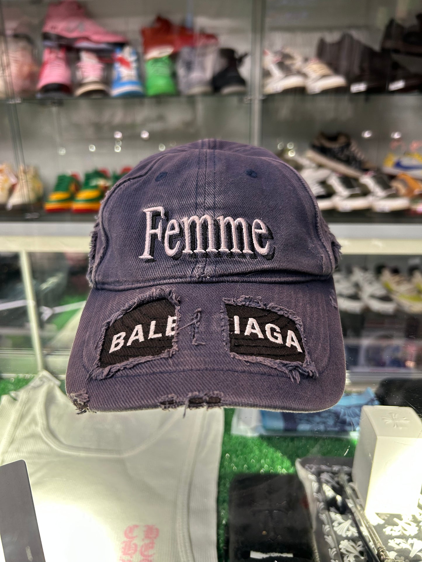 BALENCIAGA FEMME THRASHED DOUBLE LAYERED DENIM HAT (PRE OWNED)