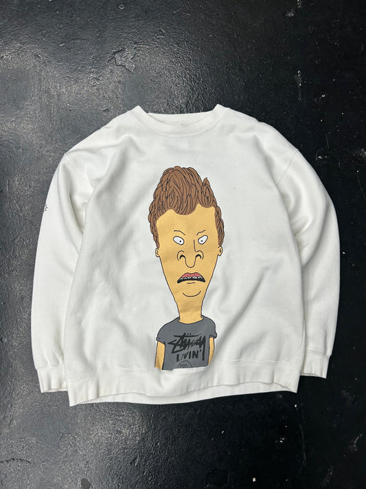 STUSSY BEAVIS & BUTTHEAD WHITE CREWNECK (PRE-OWNED)