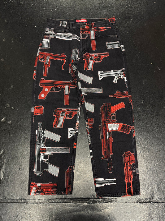 SUPREME GUNS EMBROIDERED JEANS (PRE-OWNED)