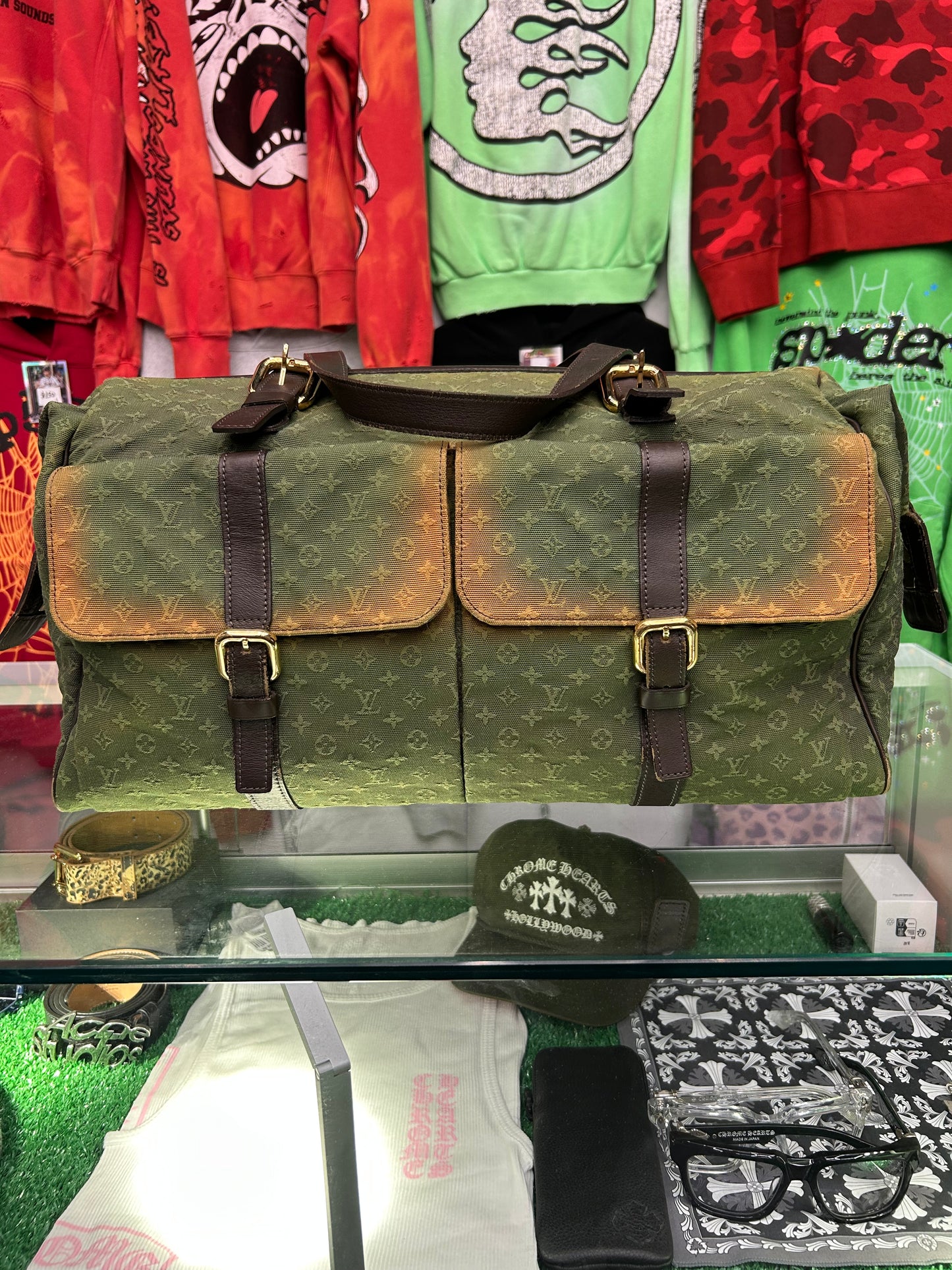 LOUIS VUITTON MINI LIN MONOGRAM DUFFLE BAG GREEN CANVAS / BROWN LEATHER TRIM (PRE-OWNED)