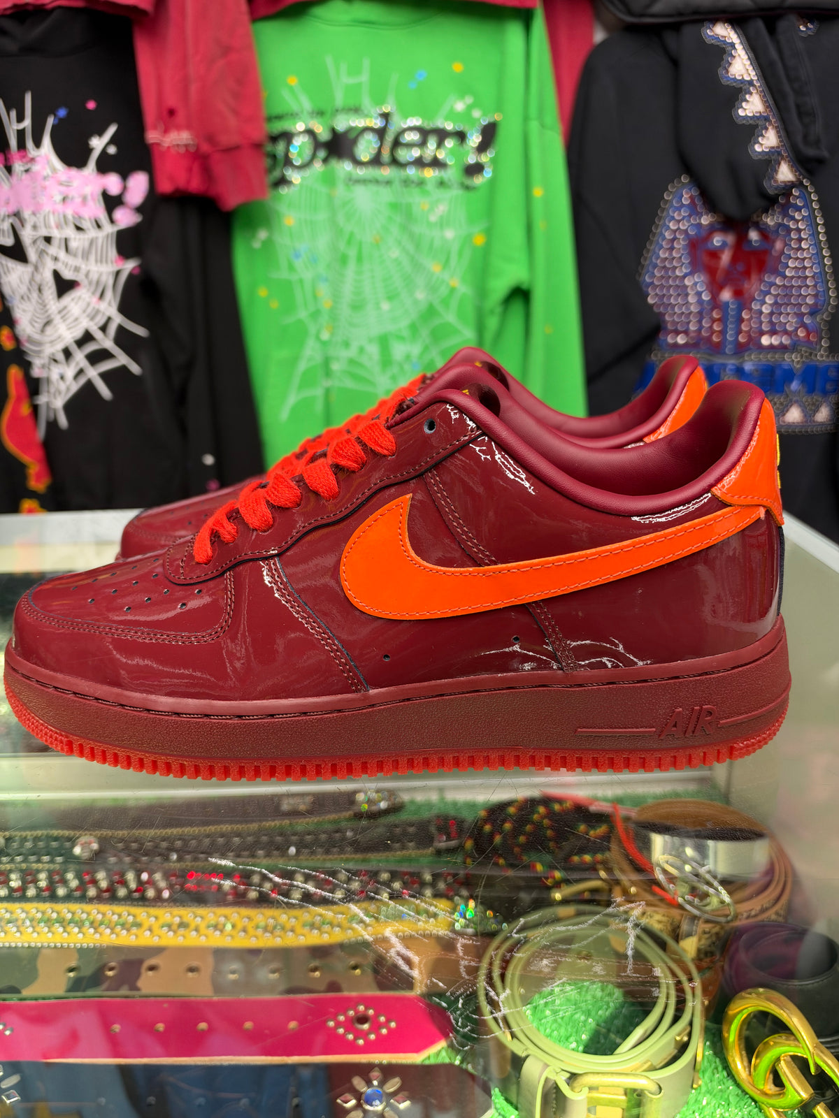 NIKE AIRFORCE 1 PATENT LEATHER DARK TEAM RED SAFETY ORANGE (PRE-OWNED)