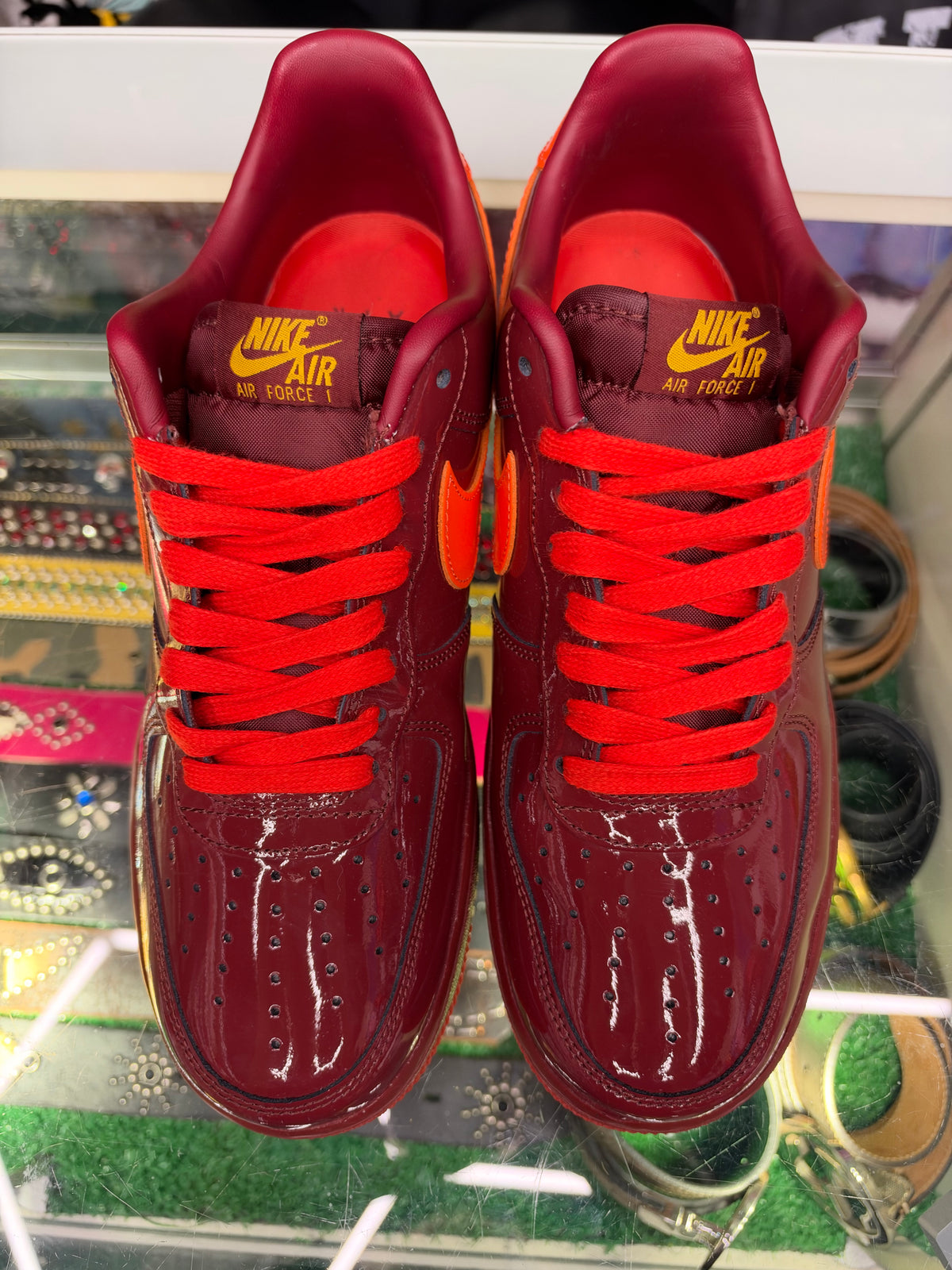 NIKE AIRFORCE 1 PATENT LEATHER DARK TEAM RED SAFETY ORANGE (PRE-OWNED)